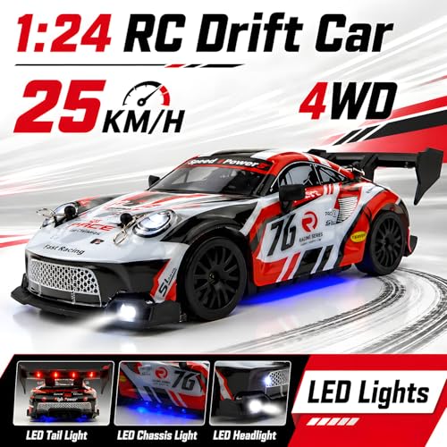 HTURCCOP RC Drift Car 1:24 2.4GHz with LED Light, Race Car Toys for Boy Girl 8-12 Years Old, Speed Adjustable 25Km/H,High Speed RC Racing Cars Perfect Toy Gift for Boys & Girls - color: Red