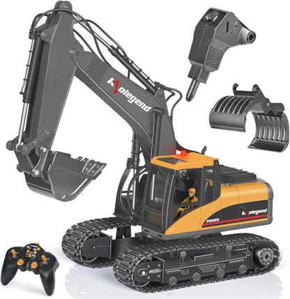 3 in 1 Remote Control Excavator Toy 1/14 Scale RC Excavator, 15 Channel Upgrade Full Functional Construction Vehicles with Tools Metal Breaker and Electric Gripper(Yellow/Black) - size: Medium