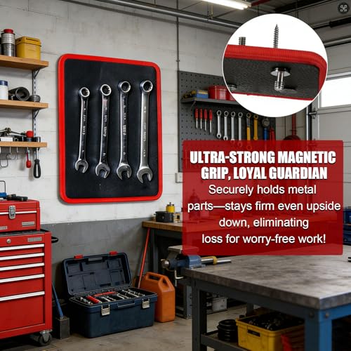 TRULYWIN 4-Pack Magnetic Tool Mat with Pickup Pen, 360° Mirror & Glue Gloves, Parts Holder for Garage/Workshop/Auto Repair – Organize Wrenches, Screws, Bolts, Nuts & Small Metal Parts