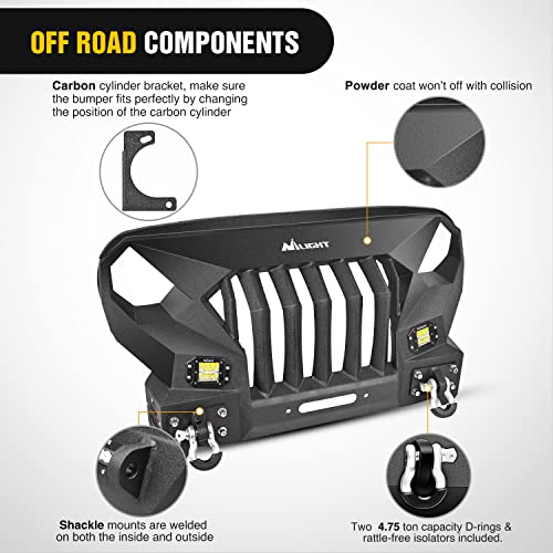Nilight Front Bumper Grill for 2007-2015 2016 2017 2018 Wrangler JK&Unlimited 2/4 Doors with Winch Plate 2x42w LED Work Light Pods Textured Black Solid Steel Off-Road - color: Front Bumper Grill