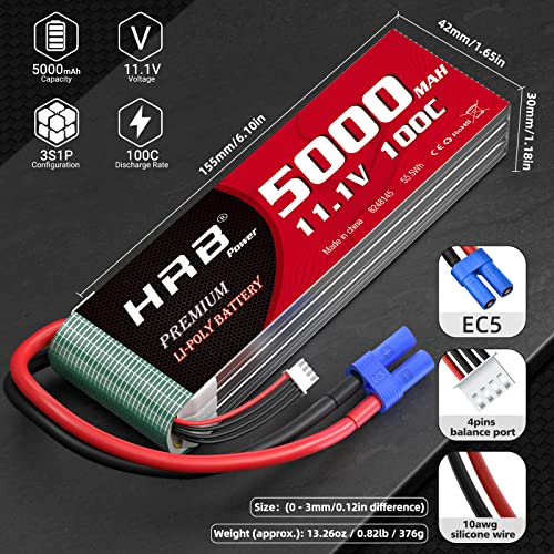 HRB 2PCS 3S 5000mAh Lipo Battery EC5 100C 11.1V Compatible with RC Plane