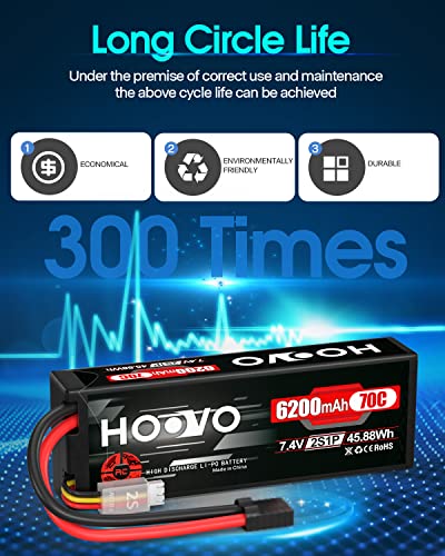 HOOVO 7.4V 70C 6200mAh 2S Lipo Battery Hard Case with Tracxas Plug(2 Packs | for RC Car RC Helicopter RC Truck RC Truggy Airplane Quadcopter UAV Drone FPV - style: 2S 6200mAh