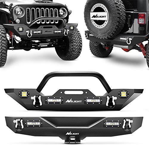 Nilight Front + Rear Combo Compatible for 2007-2018 Jeep Wrangler JK,Rock Crawler Bumper with Hitch Receiver & Nilight Upgraded LED Lights Off Road Textured Black - color: Front Bumper + Rear Bumper