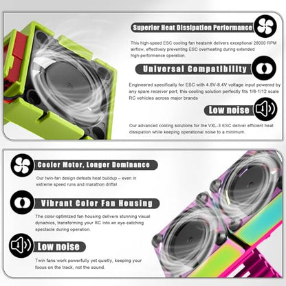 VXL-3s ESC Cooling Fan and Motor Cooling Fan 28000 RPM Dual Fan Set for 1/10 Traxxas Slash 4x4 Stampede 4x4 Rustler 4x4 VXL Hoss 4×4 Velineon VXL 3s Heat Sink Replace #3340, Purple & Green - style: SRQ-Purple Green