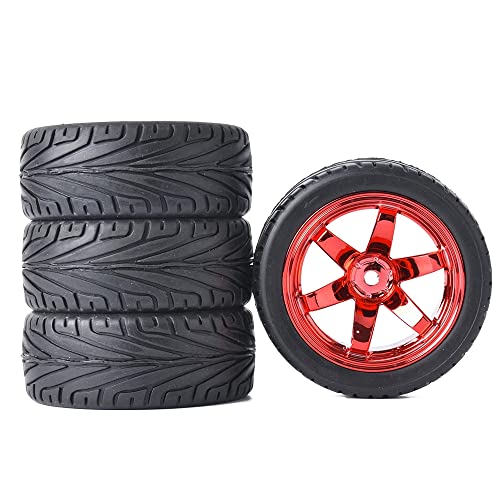 4PCS RC Car Rubber Tires and Plastic Wheels Rims Compatible with 1/10 Scale On Road Touring Racing Flat Drift Car for HSP HPI Tamiya (Red) - color: Red