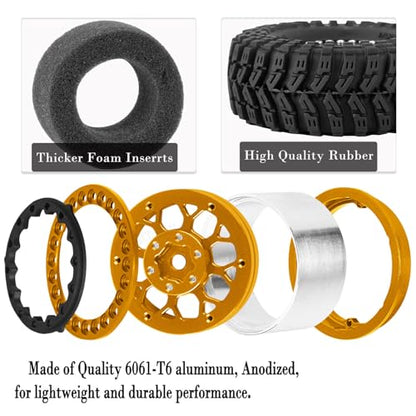 RC 1.3 Beadlock Wheel Tires Set (4PCS) for 1/24 SCX24 1/18 TRX4M RC Crawler Car,Aluminum 1.3 Beadlock Wheels and Tires,Wheel Rim & Wheels Tire,Golden - color: Golden- (Rc Wheels Tires)