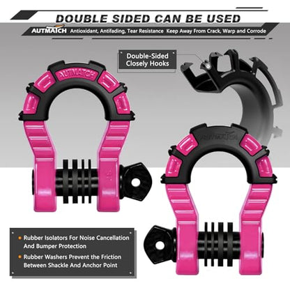 AUTMATCH D Ring Shackles 3/4" Mega Shackle (2 Pack) 68,000Ibs Break Strength - Heavy Duty Clevis Shackles with 7/8" Screw Pin and Isolator Washer for Tow Strap Winch Off Road Vehicle Recovery, Pink - color: Pink & Black
