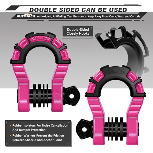 AUTMATCH D Ring Shackles 3/4" Mega Shackle (2 Pack) 68,000Ibs Break Strength - Heavy Duty Clevis Shackles with 7/8" Screw Pin and Isolator Washer for Tow Strap Winch Off Road Vehicle Recovery, Pink - color: Pink & Black