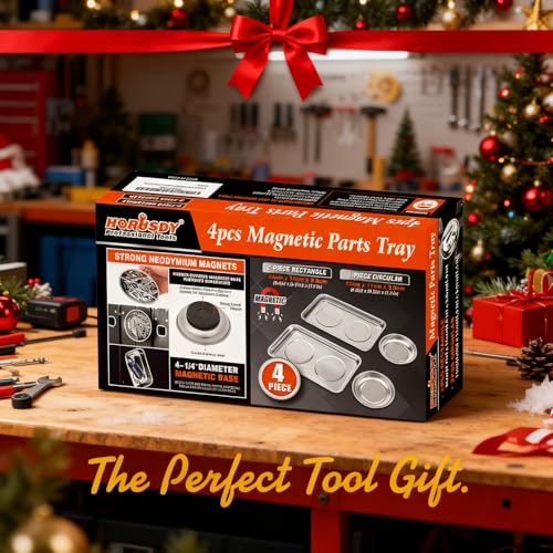 HORUSDY 4-Piece Large Magnetic Parts Tray Set, Stainless Steel Heavy Duty 9.5" W x 5.5''L Square and 4.5" Round Magnetic Trays Tools Parts Tray - style: 4-Piece Magnetic Tray - Pro