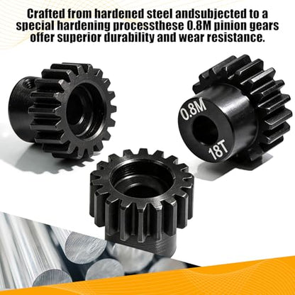 3-Pack Steel Metal 0.8M 5mm Pinion Motor Gear Sets 18T Compatible with HPI Kyosho Losi Axial Tamiya 1/8 1/10 RC Car Monster Truck Buggy, 0.8 Module Gear for Traxxsa Arrma - style: 3Pcs 18T