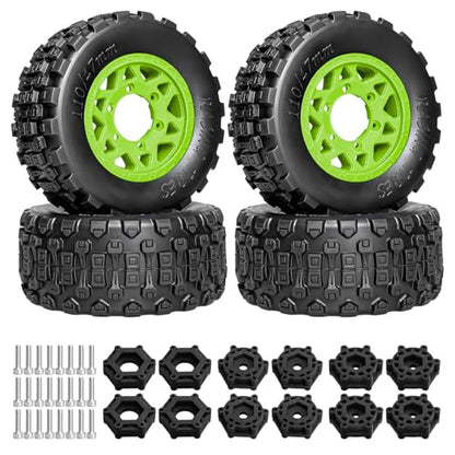 LRFHL 1/10 RC Short Course Truck Tires with 12mm 14mm 17mm Hex, 4PCS | Pre-Glued, RC Off-Road Short Truck Tires, for 1/8 1/10 Arrma Senton Traxxas Slash 2WD Axial Losi Redcat - color: Black Tires+ Green Wheels