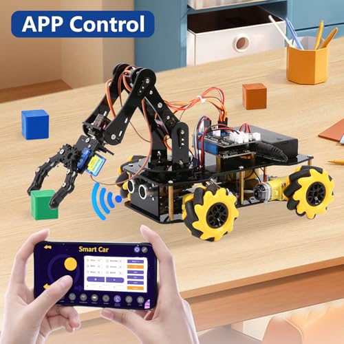 ACEBOTT 5DOF Smart Robot Arm Car Kit, 4WD Remote Control Car Compatible with Arduino/Python/Blockly Programming Project/STEM Education/Science Coding Kit for 12+ Teens and Adults Unique Gifts - color: Yellow