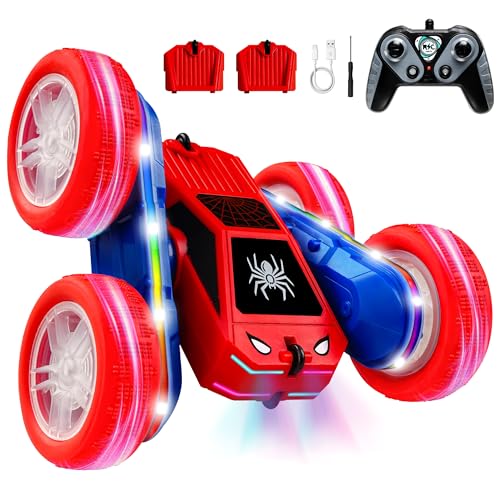 Spider Remote Control Car 4WD 360° Flips RC Stunt Car Monster Truck Toys | Double-Sided Drift Rc Cars with LED Lights 2 Rechargeable Charge Battery Modules Toys and Gift for Boys Age 3-12 - color: Red