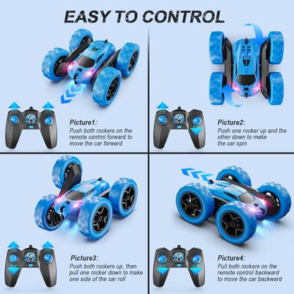 QUNREDA Remote Control Car, RC Cars Toys for Kids Ages 6-12, 4WD Stunt Car with LED Lights & 360° Flips, 2.4GHz, Upgraded USB-C Modular Batteries, 8-10 Year Old Boys Birthday Gift 1-Blue - color: 1-blue