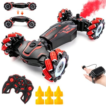 Gesture Sensing RC Stunt Car, 360° Off-Road,Gift for 5-13 Kids | Dual gesture & remote control, 4WD 360° rotating drift RC car with cool lights & music, ideal birthday gift for 5-13 boys - color: L-red