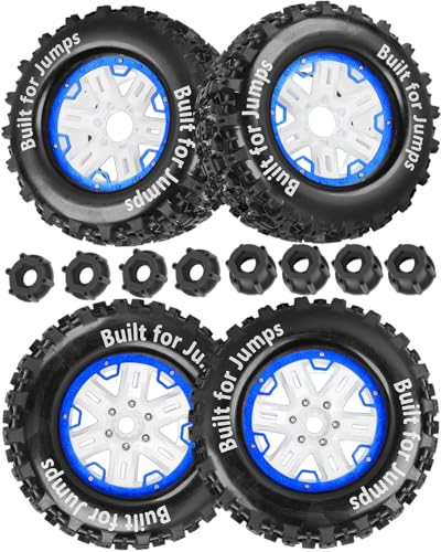 RC Truck Tires 1/8 17mm Hex RC Wheel Tires for 1/8 Monster Truck Tires Traxx as/Arrm a 6S/Summi t/ERveo/Redc at/HPI JLB Cheetah RC Off-Road etc,Hard Plastic Rubber Tyres,Blue&White - color: Blue With White(4PCS）Titanium