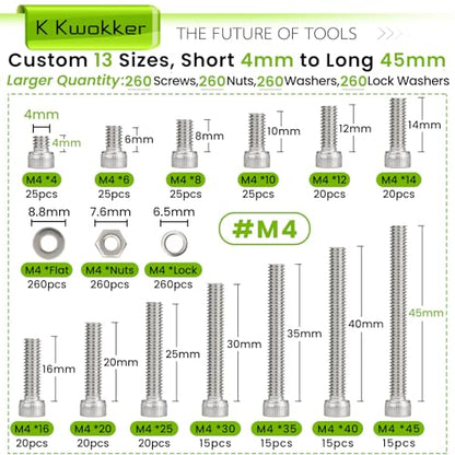 1040PCS M4 Nuts and Bolts Assortment Kit 4mm-45mm, 304 Stainless Steel M4 Screw Assortment, Hex Socket Head Cap Machine Screws Bolts and Nuts Kit Silver 4/6/8/10/12/14/16/20/25/30/35/40/45mm - size: B.M4