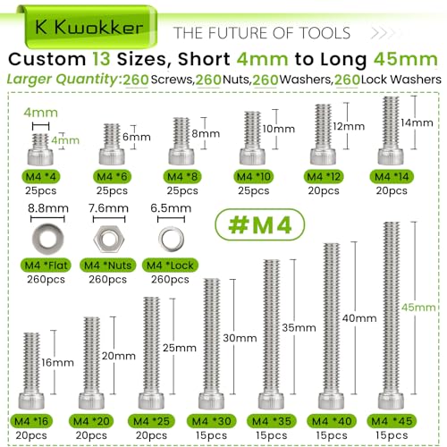 1040PCS M4 Nuts and Bolts Assortment Kit 4mm-45mm, 304 Stainless Steel M4 Screw Assortment, Hex Socket Head Cap Machine Screws Bolts and Nuts Kit Silver 4/6/8/10/12/14/16/20/25/30/35/40/45mm - size: B.M4