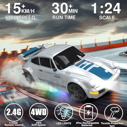 Remote Control Car RC Drift Car 2.4GHz 1:24 4WD 15KM/H High Speed Racing Sport Car with LED Lights Drifting Tire Racing Sport Toy for Adults Boys Girls Kids Gift - color: Gray