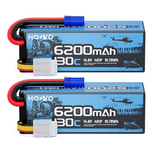 HOOVO 4S Lipo Battery, 14.8V 6200mAh 130C RC Car Battery Hard Case EC5 Plug | 2 Pack, compatible with 1/8 and 1/10 Scale RC Vechile,Arrma Kraton 8S,RC Buggy Truggy Truck Crawler Monster Boat