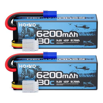 HOOVO 4S Lipo Battery, 14.8V 6200mAh 130C RC Car Battery Hard Case EC5 Plug | 2 Pack, compatible with 1/8 and 1/10 Scale RC Vechile,Arrma Kraton 8S,RC Buggy Truggy Truck Crawler Monster Boat