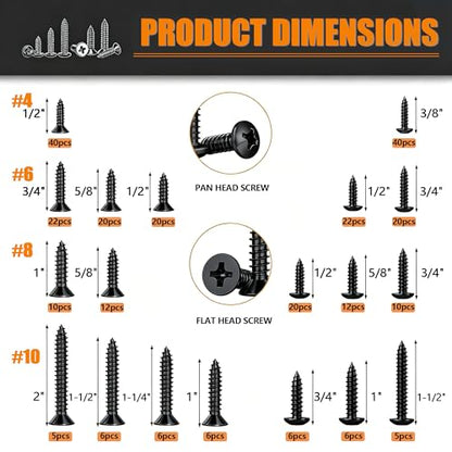 Dianrui 288 PCS Black Wood Screws Assortment Kit, Assorted Sheet Metal Screws #4/#6/#8/#10, ‌Phillips Drive Pan & Flat Head Screw Set Marine Grade Length 3/8" to 2" - size: 288PCS-BK