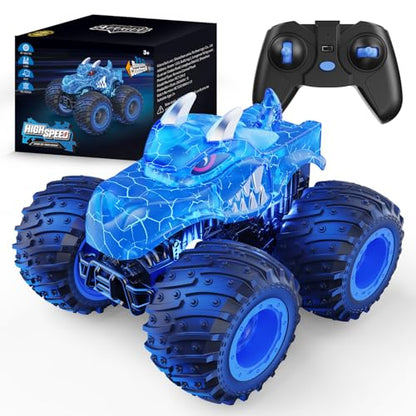 AUUGUU Remote Control Car, 2.4GHz Monster Trucks Toys with Light Spray, Birthday Gift for Kids 3 4 5 6 7 8, All Terrain RC Cars, Toddler Toys for Boys Girls 3+ Year Old - style: Dinosaur-blue