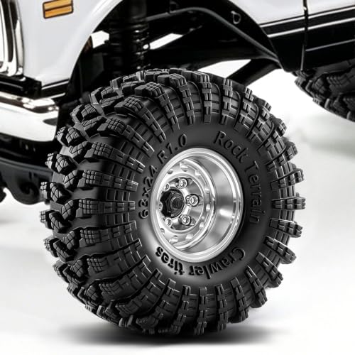 1.0" Beadlock Aluminum Wheels and 63mm Soft Rubber Tires | for SCX24, TRX4M, Ascent 18, FCX24, 1/18 1/24 RC Crawler, 7mm Hex, 0mm Offset, with Foam Inserts, (Silver) - color: Silver