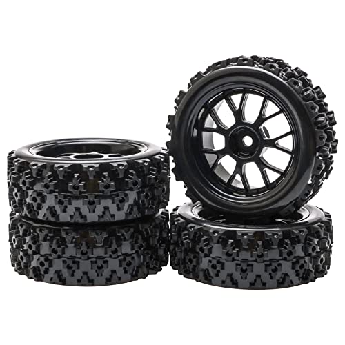 4 Pcs Black 1:10 Scale RC Tires Wheel Rims | Split-type Tires, ABS Wheels + Rubber Tires, 12mm Hex, Raised Tread Pattern, Shock Absorption, Anti-Slip, Strong Grip