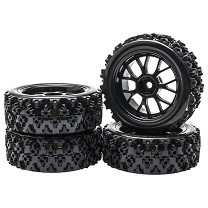 4 Pcs Black 1:10 Scale RC Tires Wheel Rims | Split-type Tires, ABS Wheels + Rubber Tires, 12mm Hex, Raised Tread Pattern, Shock Absorption, Anti-Slip, Strong Grip