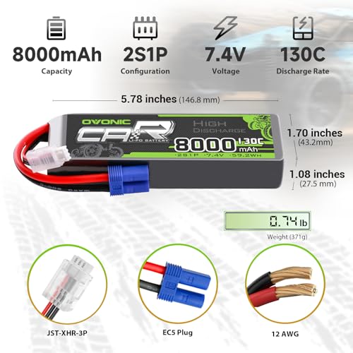 OVONIC 2S LiPo Battery 8000mAh 7.4V 130C RC Battery with EC5 Connector (2 Pack)(with Lipo Voltage Checker)