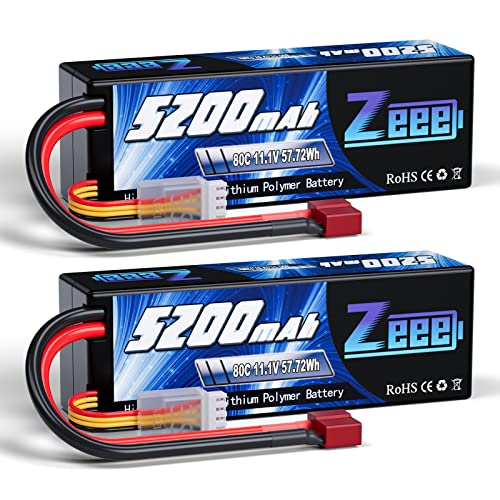 Zeee 3S 5200mAh Lipo Battery 11.1V 80C Hardcase Battery with T Connector for RC Car Boat Truck Helicopter Airplane Racing Models(2 Pack)