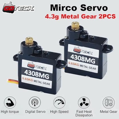 GOTECK 2PCS 4.3g Mini Servo, Micro Full Metal Gear Digital Servo,for RC Car Model Boat Fixed-Wing Helicopter Airplane Robot Toy - color: Gs4308mg