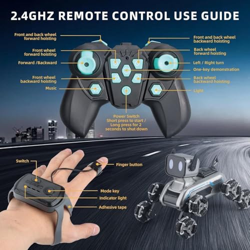 8WD RC Stunt Robot Dog, Gesture Sensing 2.4Ghz Remote Control Toy | 8 Wheeled RC stunt robot dog with gesture sensing & remote control, LED eyes and music, rechargeable toy for Kids 6-12