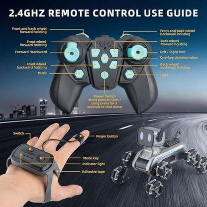 8WD RC Stunt Robot Dog, Gesture Sensing 2.4Ghz Remote Control Toy | 8 Wheeled RC stunt robot dog with gesture sensing & remote control, LED eyes and music, rechargeable toy for Kids 6-12