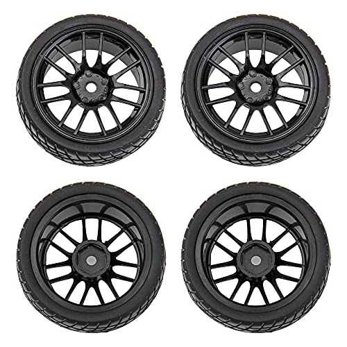 12-Spoke 12mm Hex Hub Wheel Rims & Rubber Tires Compatible with HSP Tamiya HPI Kyosho 1/10 On Road Touring Car WLtoys 1/14 144001 Traxxas 1/16 Slash RC 1/18 A959B Buggy (Black)