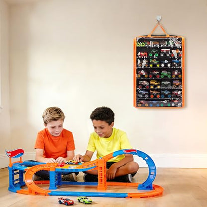 Monster Truck Storage Organizer, Hanging Monster Truck Display Case with 7 Removable Tiers, Dual Zipper Clear Window Monster Truck Storage Bag for 1:64 Scale Toy Trucks | Wall mount tiered shelf fits 1:64 scale cars. Cars not included. Assembly required.
