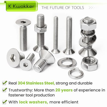 M3 M4 M5 M6 Nuts and Bolts Assortment Kit, Hex Socket Flat Head 24 Sizes 6mm to 25mm Metric Bolt Assortment, 304 Stainless Steel Machine Screws, Bolts and Nuts Kit w/Washers, Silver 1485Pcs - size: G. M3 M4 M5 M6