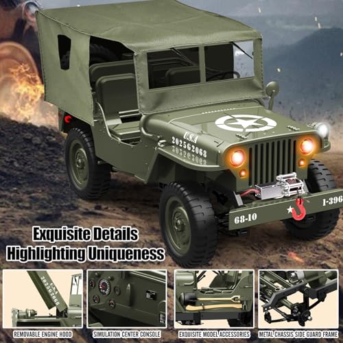RC Jeep 1/10 Scale Willys Hobby RC Car Off-Road Military Crawler, 2.4Ghz Military Truck 4WD RC Crawler with Light, Tarpaulin, Metal Shaft, 4x4 Off Road Vehicle RTR Jeep Car, 2 Batteries