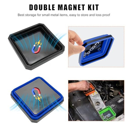 Yourkar Collapsible Magnetic Parts Tray, 4.5 Inch Foldable Magnetic Square Silicone Tray, Tool Tray Set with Double-Sided Magnetic Base for Screw Bolts Nuts Pins, Car Accessories (Black+Blue, 2 PCS) - color: Black+Blue, 2 PCS