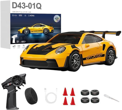 1:43 RC Drift Car 20KM/H with Gyro, 2.4G 4WD Full Proportional Alloy Sport Racing Car, Adjustable Speed, LED Lighting for Teens & Adults-D43-01 - color: Q1/Yellow