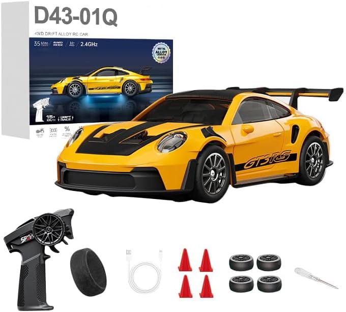 1:43 RC Drift Car 20KM/H with Gyro, 2.4G 4WD Full Proportional Alloy Sport Racing Car, Adjustable Speed, LED Lighting for Teens & Adults-D43-01 - color: Q1/Yellow