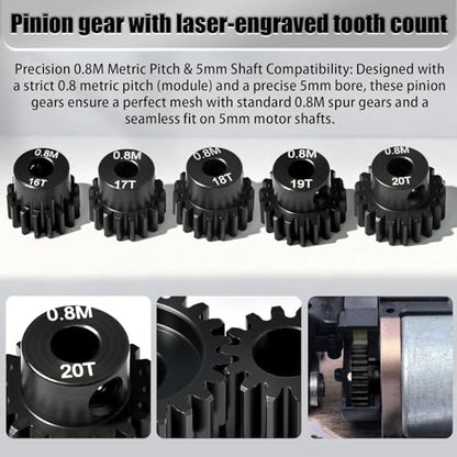 5Pcs 0.8M Hardened Steel Pinion Gear Set 5mm Shaft 16T 17T 18T 19T 20T Motor Pinion Gear with M4 Screw and Hex Key, for Arrma HPI Kyosho Losi Axial Traxxas Tamiya 1/10 RC Car and 540/550 Motors - size: 0.8M-5mm-16-20T