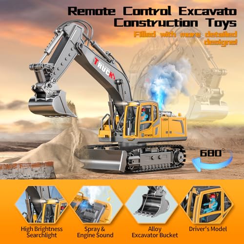 Remote Control Excavator Toy for Boys,17 Channel 1:16 RC Excavator Toys with Metal Shovel/Spray/Lights/Sounds,RC Digger Construction Vehicles Toys Gift for Boys 7 8 9 10 11 12 Year Old Kids