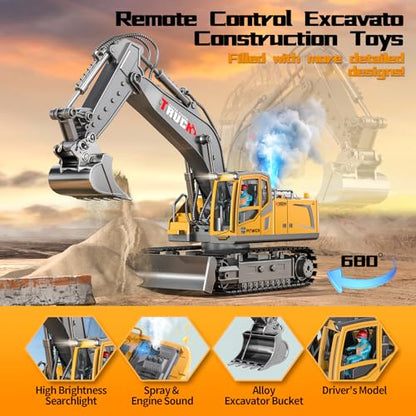 Remote Control Excavator Toy for Boys,17 Channel 1:16 RC Excavator Toys with Metal Shovel/Spray/Lights/Sounds,RC Digger Construction Vehicles Toys Gift for Boys 7 8 9 10 11 12 Year Old Kids