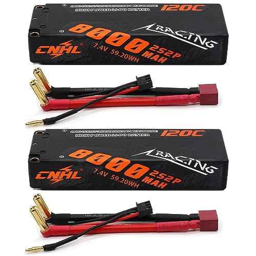 CNHL 8000mAh 2S Lipo Battery 7.4V 120C Deans Plug Hard Case (2 Packs) | Delivers extended bashing runtime with instant punch through grass, dirt, and jump landings for 1/10 and 1/8 RC trucks.