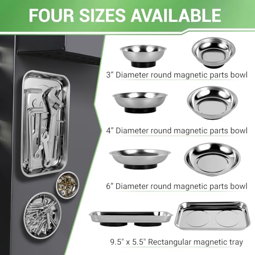 GURADESIGN Magnetic Tray 4-Piece, Large Magnetic Parts Tray and Round Magnetic Parts Tray Set, Stainless Steel Heavy Duty 9.5" W x 5.5''L Square and 6" 4" 3"Round Tools Tray