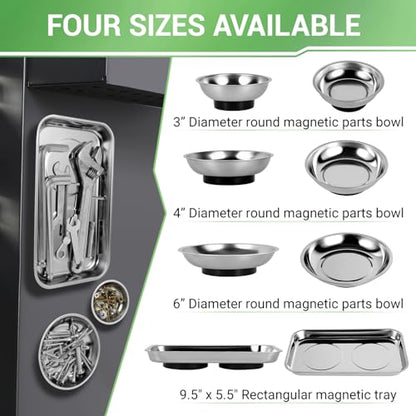 GURADESIGN Magnetic Tray 4-Piece, Large Magnetic Parts Tray and Round Magnetic Parts Tray Set, Stainless Steel Heavy Duty 9.5" W x 5.5''L Square and 6" 4" 3"Round Tools Tray