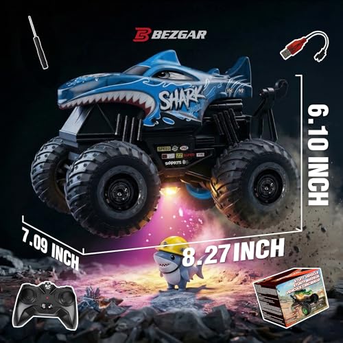 BEZGAR 1:20 Monster Truck Toys, 360°Stunt RC Cars with Music and Light | Blue Dinosaur Toys with 2 Batteries and Wireless LED Strobe Lights, Remote Control Car with Glowing wheels for boys - color: Blue