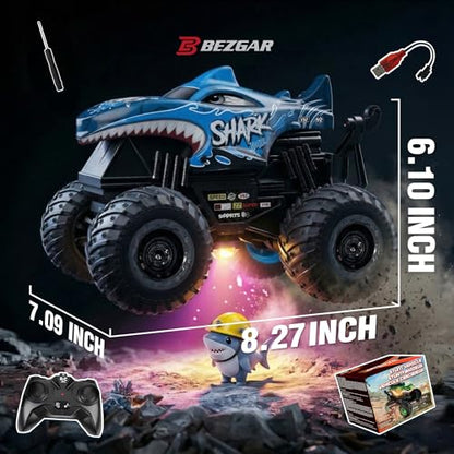BEZGAR 1:20 Monster Truck Toys, 360°Stunt RC Cars with Music and Light | Blue Dinosaur Toys with 2 Batteries and Wireless LED Strobe Lights, Remote Control Car with Glowing wheels for boys - color: Blue